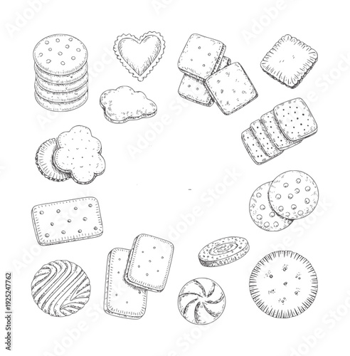 Black and white hand drawn collection of various cookies and biscuits