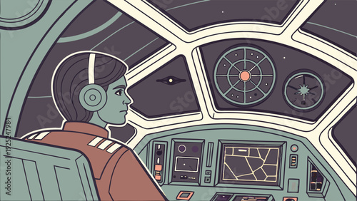 Focused Pilot Navigating Starship Cockpit Dashboard for Sci-Fi Game UI Web Design Future Technology Exploration