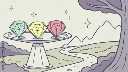 Three Glowing Gemstones on Pedestal Table Journey Path Landscape for Game Design Achievement Reward Success