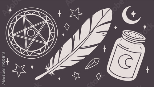 Witchcraft and Occult Symbols Set Pentagram Feather Jar Moon for Mystic Ritual Design Projects