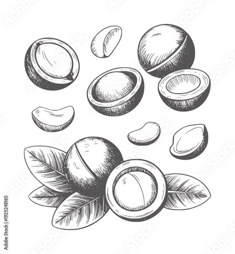 Foto Black and white hand drawn of macadamia nuts and leaves food healthy organic
