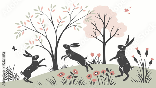 Three Playful Black Hares Jumping in Spring Meadow with Pink Blossoming Trees for Easter Greeting Card Design