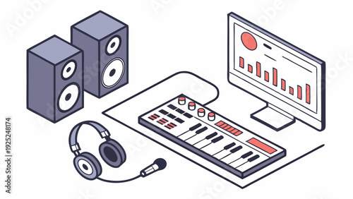 Music Production Studio Setup with Keyboard Controller Computer Monitor and Headphones for Audio Engineering Creators