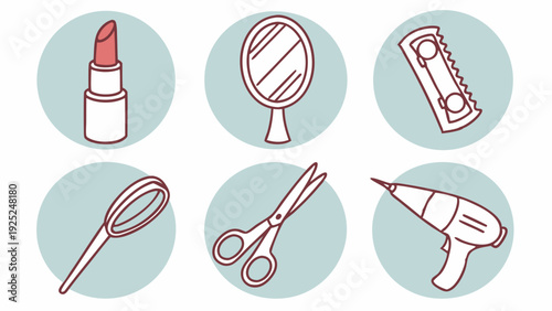 Beauty Salon Tools Icons Set Lipstick Mirror Scissors Hair Dryer for Cosmetics Web Design and Glamour Lifestyle Projects