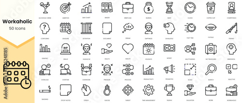 Simple Outline Set of workaholic icons. Linear style icons pack. Vector illustration