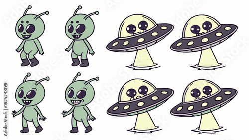 Cute Cartoon Alien Characters and UFO Spaceships for Kids Game Design or Fun Sci Fi Web Graphics