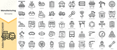 Simple Outline Set of manufacturing icons. Linear style icons pack. Vector illustration