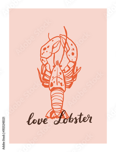 Vector illustration of mediterranean seafood in dolce vita style, sardines, shrimps, oysters, lobster, lemon, canned fish, plate, herbs, blue line art on beige background