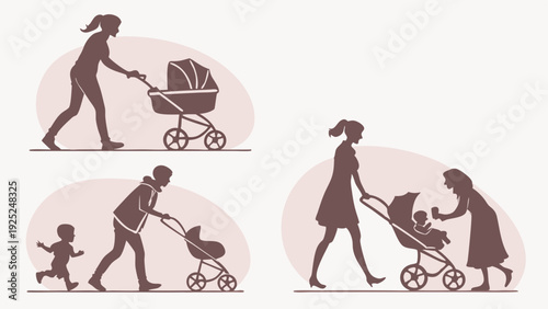 Silhouettes of Mothers and Fathers Pushing Strollers with Babies for Family Lifestyle Web Design and Parenting Blog Content
