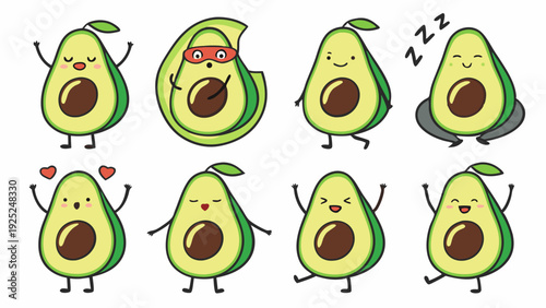 Cute Avocado Characters Set Happy Emotions For Healthy Food Blog Graphics And Fun Summer Recipe Websites