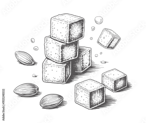 Black and white hand drawn of stacked cubes and almonds