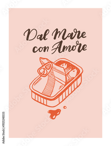 Vector illustration of mediterranean seafood in dolce vita style, sardines, shrimps, oysters, lobster, lemon, canned fish, plate, herbs, blue line art on beige background