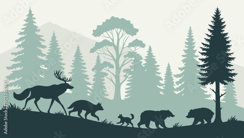 Wildlife Silhouette Migration Through Misty Forest Landscape for Nature Conservation and Eco Tourism Web Design