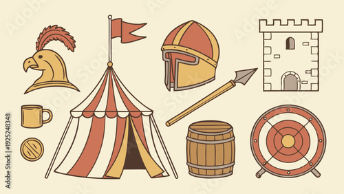 Medieval Fair Game Booth Icons Set Knight Tournament Festival Banner Tent Target for History Design Projects