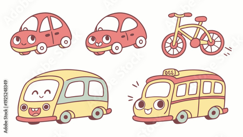 Cute Cartoon Vehicles Set Happy Children Transportation Icons for Kids Education and Travel Websites