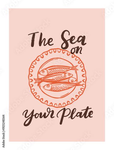 Vector illustration of mediterranean seafood in dolce vita style, sardines, shrimps, oysters, lobster, lemon, canned fish, plate, herbs, blue line art on beige background