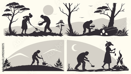 Pioneers Foraging Gathering Wood Cooking Outdoors Primitive Survival Skills Illustration Silhouette
