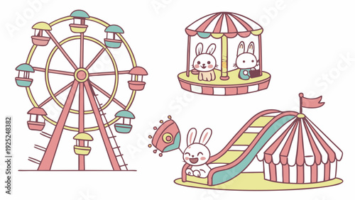 Cute Cartoon Rabbits Enjoying Carnival Rides Ferris Wheel Slide for Children's Party Web Design Summer Fun