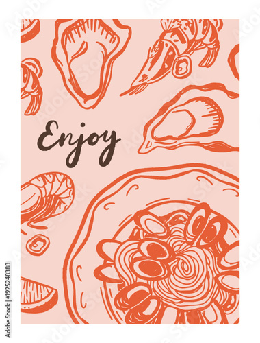 Vector illustration of mediterranean seafood in dolce vita style, sardines, shrimps, oysters, lobster, lemon, canned fish, plate, herbs, blue line art on beige background