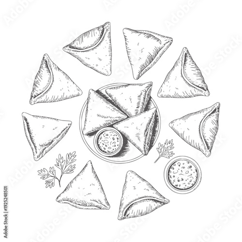 Black and white hand drawn of triangular samosas arranged in a circular pattern with dipping