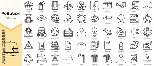 Simple Outline Set of pollution outline icons. Linear style icons pack. Vector illustration