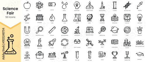 Simple Outline Set of science fair icons. Linear style icons pack. Vector illustration