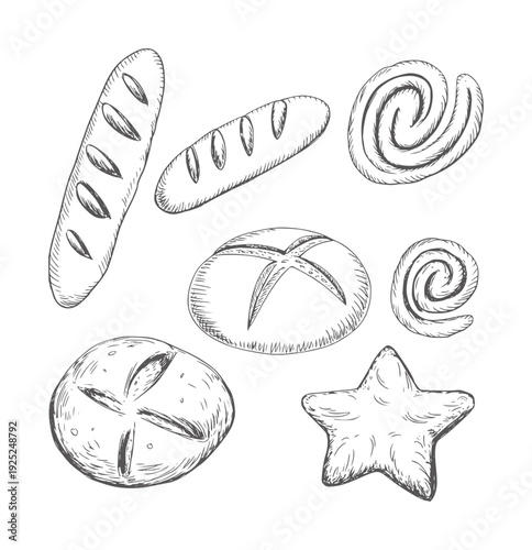 Black and white ink of various baked goods including loaves rolls and star shaped cookies