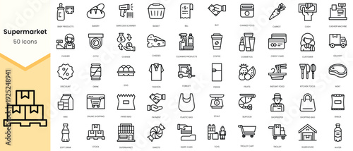 Simple Outline Set of supermarket icons. Linear style icons pack. Vector illustration