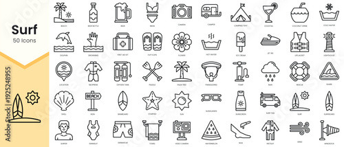Simple Outline Set of surf icons. Linear style icons pack. Vector illustration