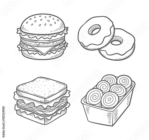 Black and white line of a hamburger donuts sandwich and cinnamon rolls