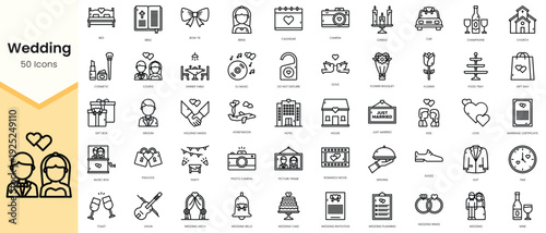 Simple Outline Set of wedding icons. Linear style icons pack. Vector illustration