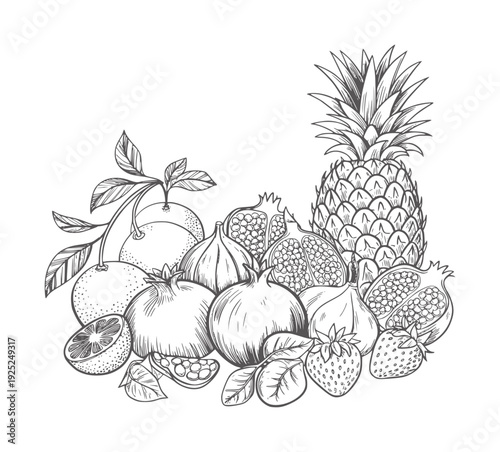 Black and white line of assorted fruits including pineapple pomegranate figs oranges and