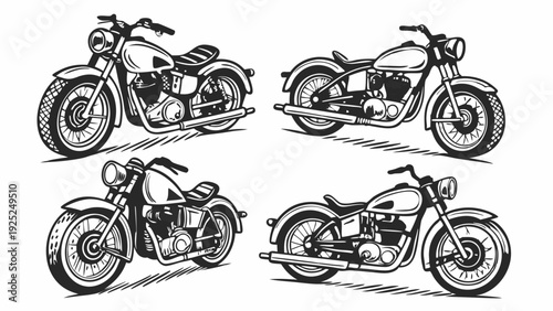 Vintage Motorcycle Set Four Styles Black and White Engraving Icons for Biker Club Design or Retro Apparel Print
