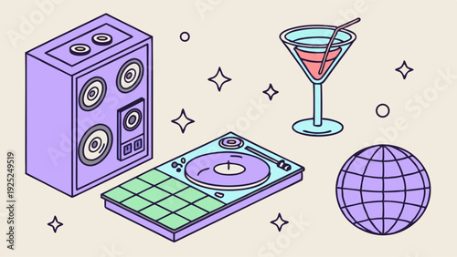 Retro Party DJ Setup with Turntable Speaker Disco Ball and Cocktail for Nightclub Promotion Advertising Design