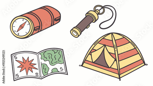 Camping Adventure Gear Illustration Compass Flashlight Map Tent for Outdoor Travel Web Design Summer Vacation Planning