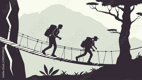 Adventurous Hikers Crossing Suspended Rope Bridge Through Mountainous Jungle Landscape for Travel Blog or Extreme Sports Website Design