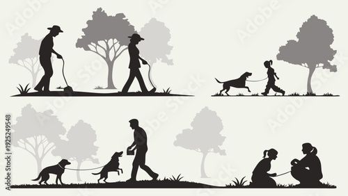 Dog Walking Etiquette Silhouettes People Training Pets Outdoors for Park Brochures Websites or Pet Care Guides