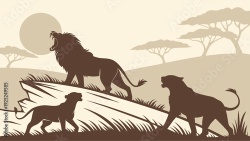 Majestic Lion Roaring on Savannah Rock with Pride Members for Wildlife Documentary or Safari Travel Web Design