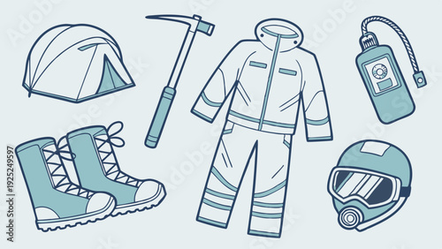 Mountaineering Gear and Winter Expedition Clothing for Extreme Cold Weather Adventure Travel Web Design Illustration
