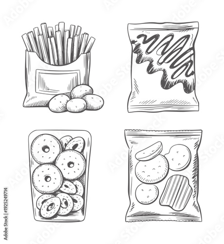 Black and white line of french fries donuts and potato chips