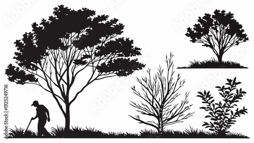 Silhouettes of Diverse Trees Shrubs and Gardener Working in Grassy Landscape for Environmental Design Projects