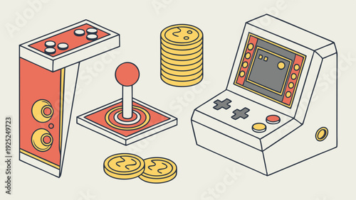 Retro Arcade Game Console Joystick and Coins Isometric Illustration for Gaming App Design or Nostalgia Promotion
