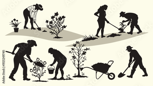 Diverse Group Gardening Silhouettes Planting Trees and Flowers for Spring Landscape Design Website Banners