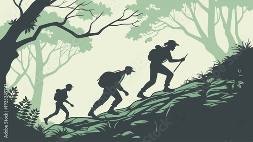 Hikers Ascending Steep Forest Hillside Silhouette Teamwork Growth Journey Outdoor Adventure Travel Success