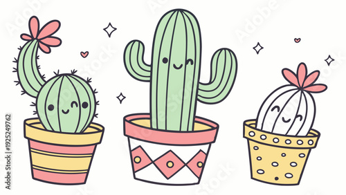 Cute Kawaii Cactus Plants in Pots for Nursery Decor Website Design Sweet Home Gardening Illustration