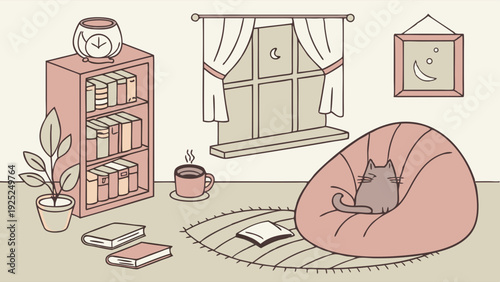 Cozy Evening Reading Nook with Cat on Beanbag Chair Perfect for Hygge Lifestyle Blogs and Home Decor Websites