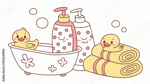 Cute Baby Bath Time Scene with Rubber Ducks Soap Bottles and Soft Towels for Child Care Web Design