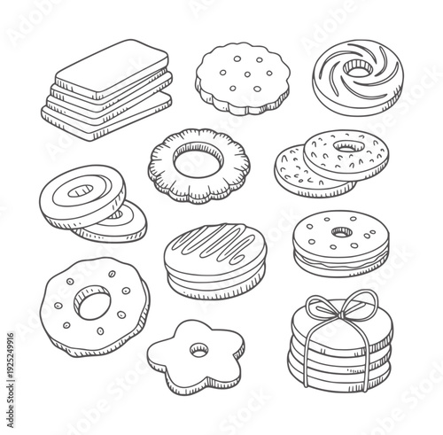 Black and white line of various cookies and biscuits