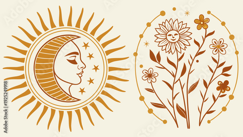 Bohemian Celestial Sun Moon and Botanical Flowers Illustration for Mystical Branding Spiritual Website Design or Boho Decor