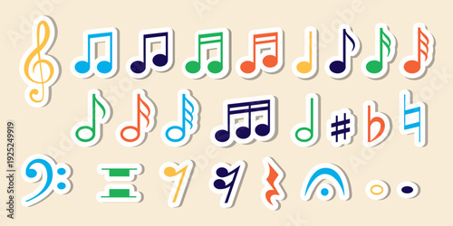 Colorful music symbols sticker set. Collection of bright musical notes, clefs and accidentals designed. Cute music icons isolated. Perfect for kids education, school materials, music lessons.